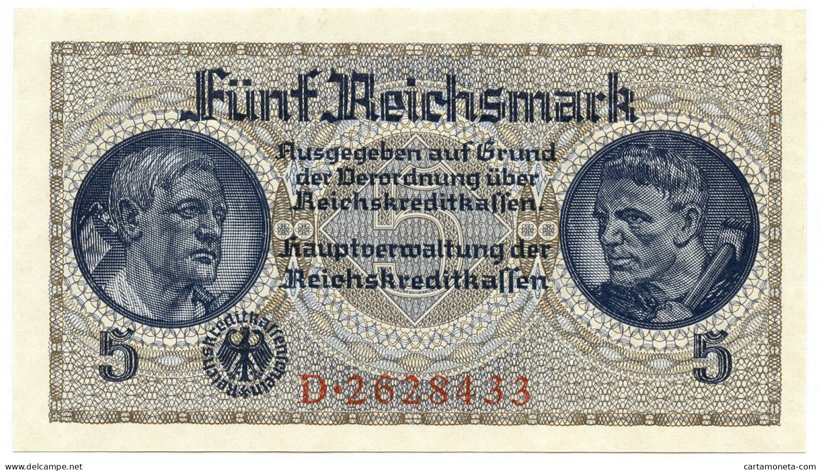 5 REICHSMARK OCCUPAZIONE TEDESCA ITALIA REICHSKREDITKASSEN 1943 FDS - Occupazione Alleata Seconda Guerra Mondiale