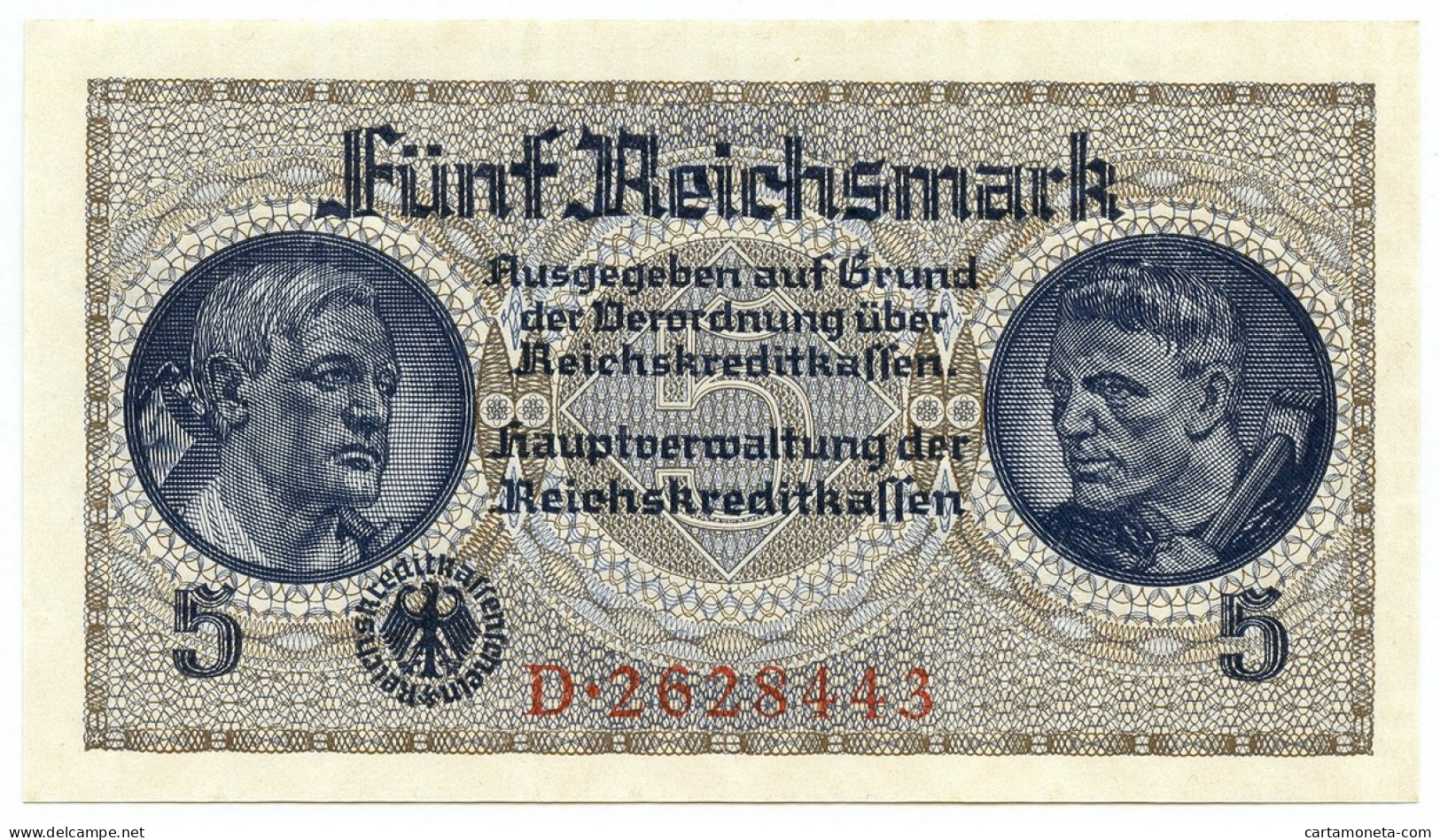 5 REICHSMARK OCCUPAZIONE TEDESCA ITALIA REICHSKREDITKASSEN 1943 FDS - Geallieerde Bezetting Tweede Wereldoorlog