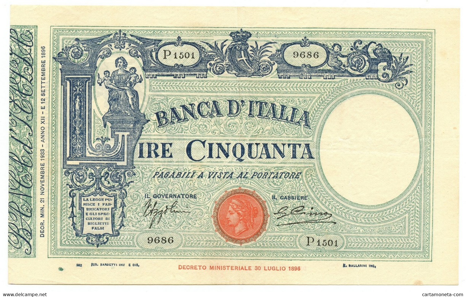 50 LIRE BARBETTI GRANDE L MATRICE LATERALE TESTINA FASCIO 21/11/1933 BB/SPL - [ 8] Fictifs & Specimens