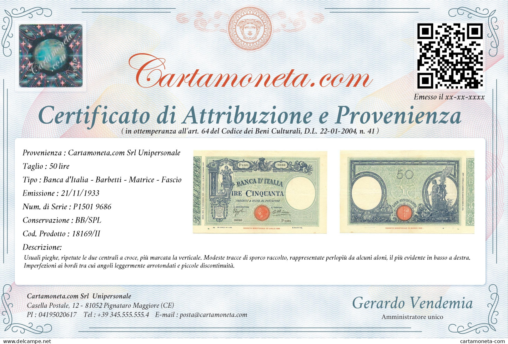 50 LIRE BARBETTI GRANDE L MATRICE LATERALE TESTINA FASCIO 21/11/1933 BB/SPL - [ 8] Vals En Specimen