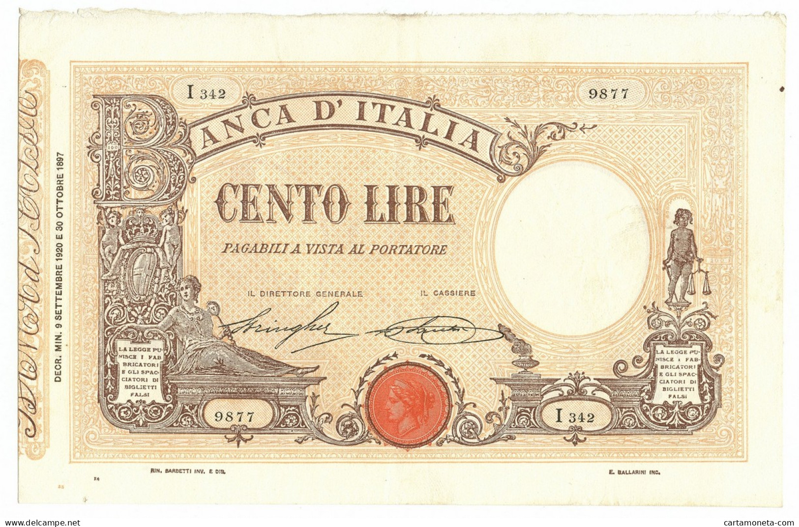 100 LIRE BARBETTI GRANDE B MATRICE LATERALE TESTINA DECRETO 09/09/1920 SPL- - Regno D'Italia – Autres