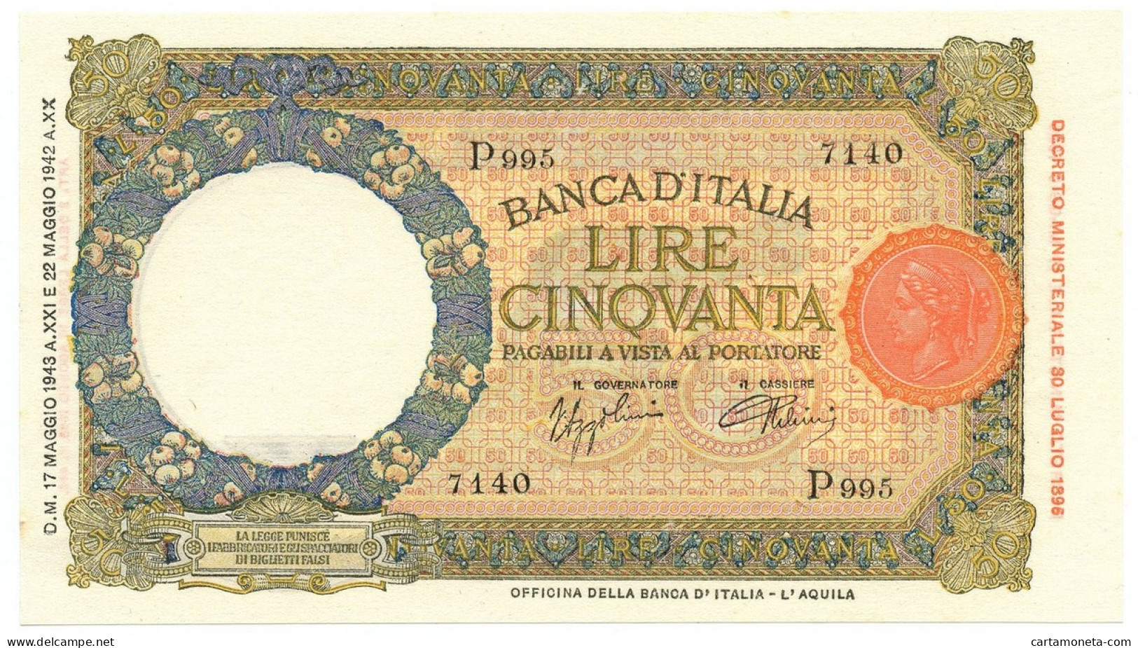 50 LIRE CAPRANESI LUPA CAPITOLINA M. STRETTO FASCIO L'AQUILA 17/05/1943 FDS-/FDS - Regno D'Italia - Altri