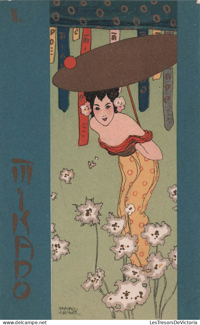 Illustrateur Raphael KIRCHNER - Mikado -  Japonaise Et Fleurs Blanche - Ombrelle Dorée - Carte Postale Ancienne - - Kirchner, Raphael