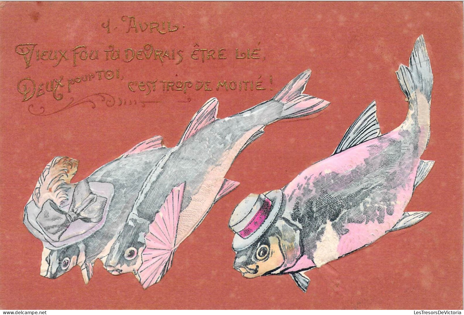 Fantaisie - Poissons Habillés - Colorisé - Citation - Collage - Relief  - Carte Postale Ancienne - Animaux Habillés