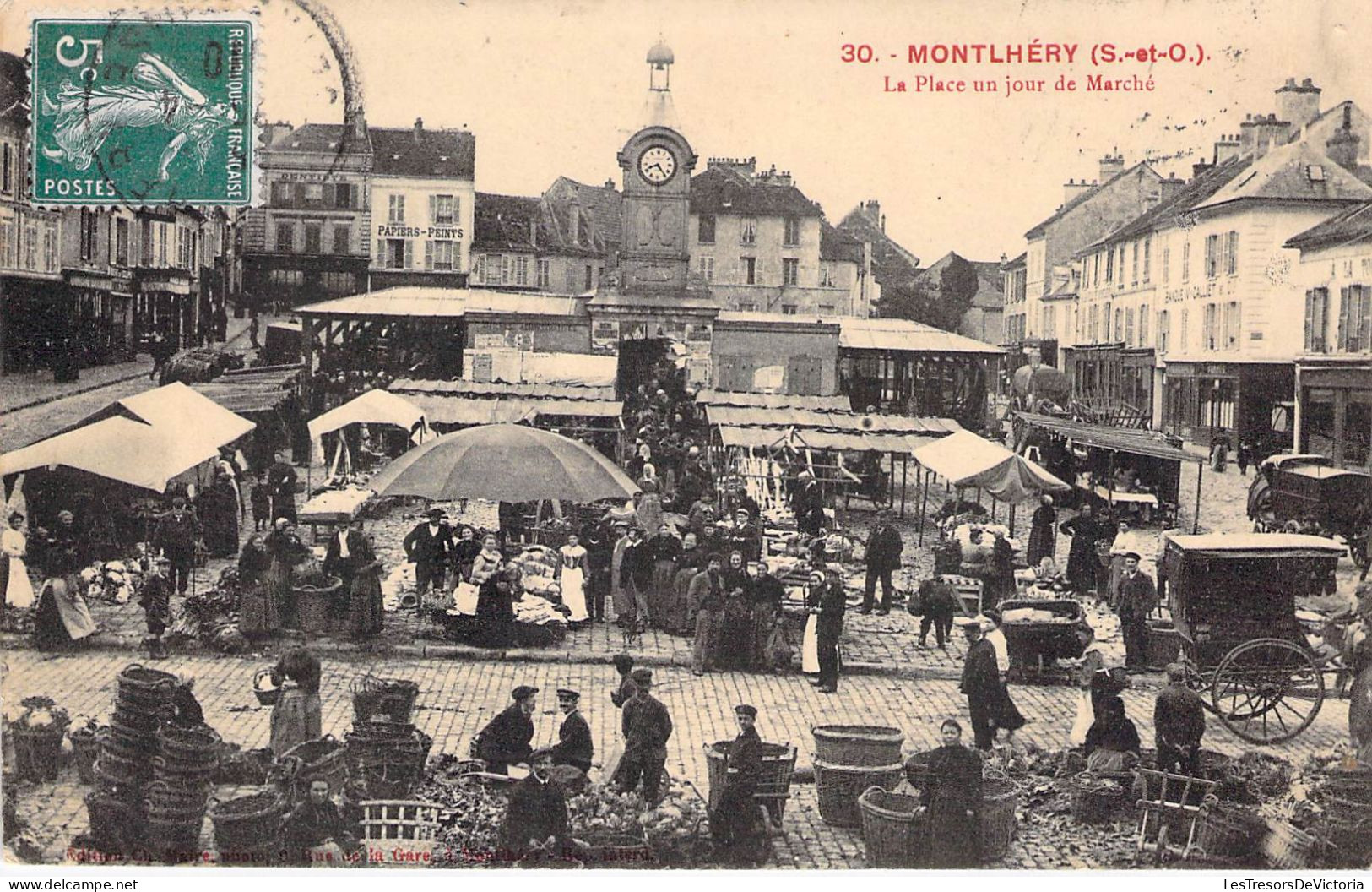 France - Montlhéry - La Place Un Jour De Marché - Animé - Horloge - Edit. Ch. Maire - Carte Postale Ancienne - Palaiseau