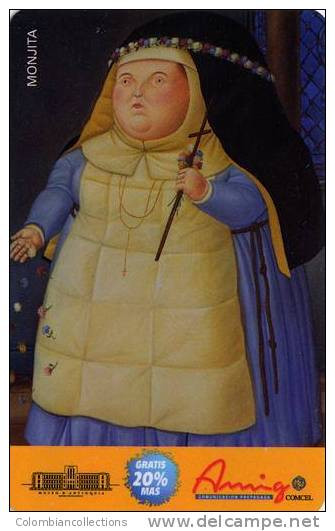 Lote TT109, Colombia, Tarjeta Telefonica, Phone Card, Comcel, Fernando Botero, Monjita,  20.000, Arte, Art, Used - Kolumbien