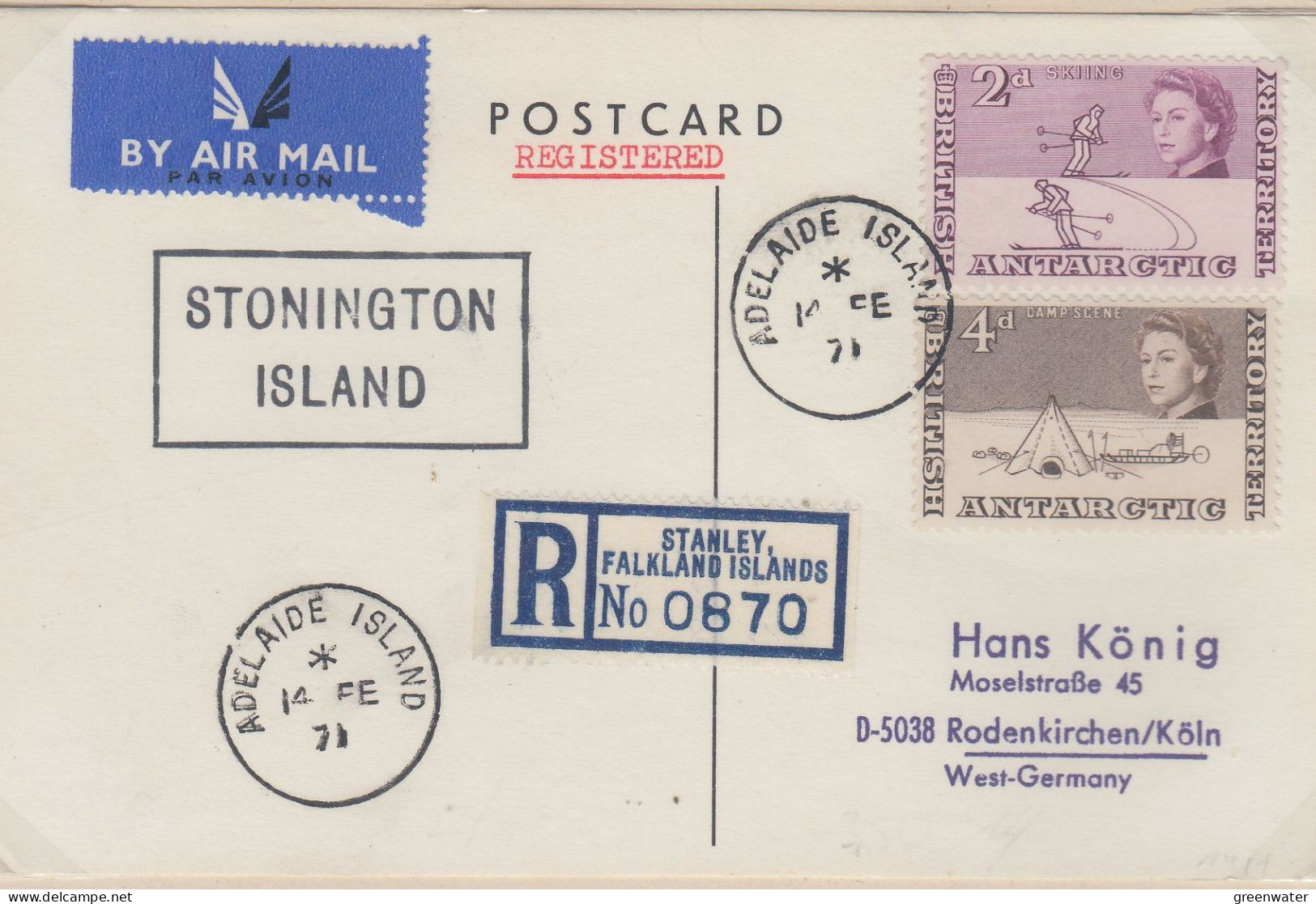 British Antarctic Territorry (BAT) 1971 Stonington Island Registered  Postcard Ca Adelaide Island 14 FEB 1971 (HA153A) - Brieven En Documenten