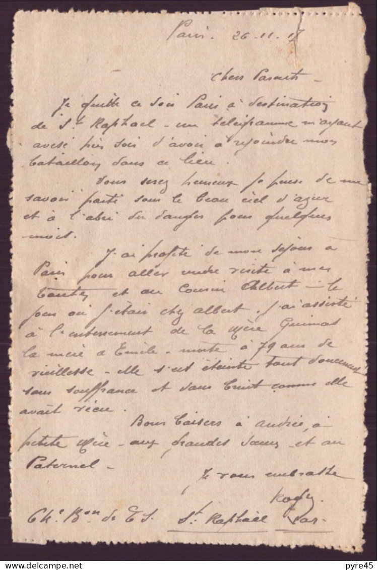 France Enveloppe Du 26 Novembre 1917 De Paris - Sonstige & Ohne Zuordnung