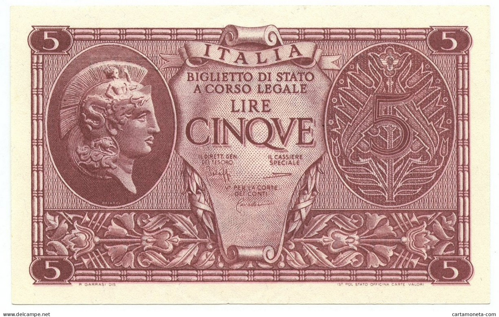 5 LIRE BIGLIETTO STATO ATENA LUOGOTENENZA UMBERTO CAVALLARO 23/11/1944 FDS-/FDS - Regno D'Italia – Autres