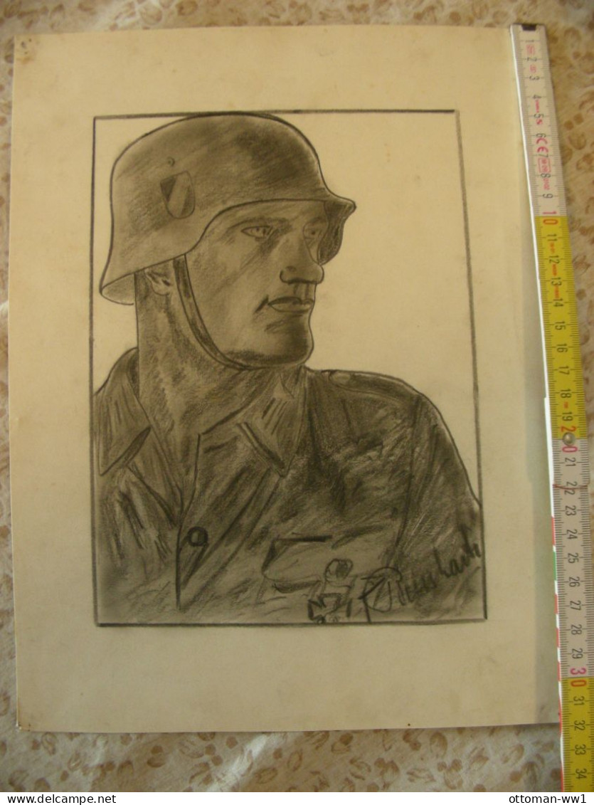Kunst Bleistiftzeichnung / Pencil Drawings Militär  2.Weltkrieg WW2 Soldat Uniform  24cm X 32 Cm  1940 - Waterverf