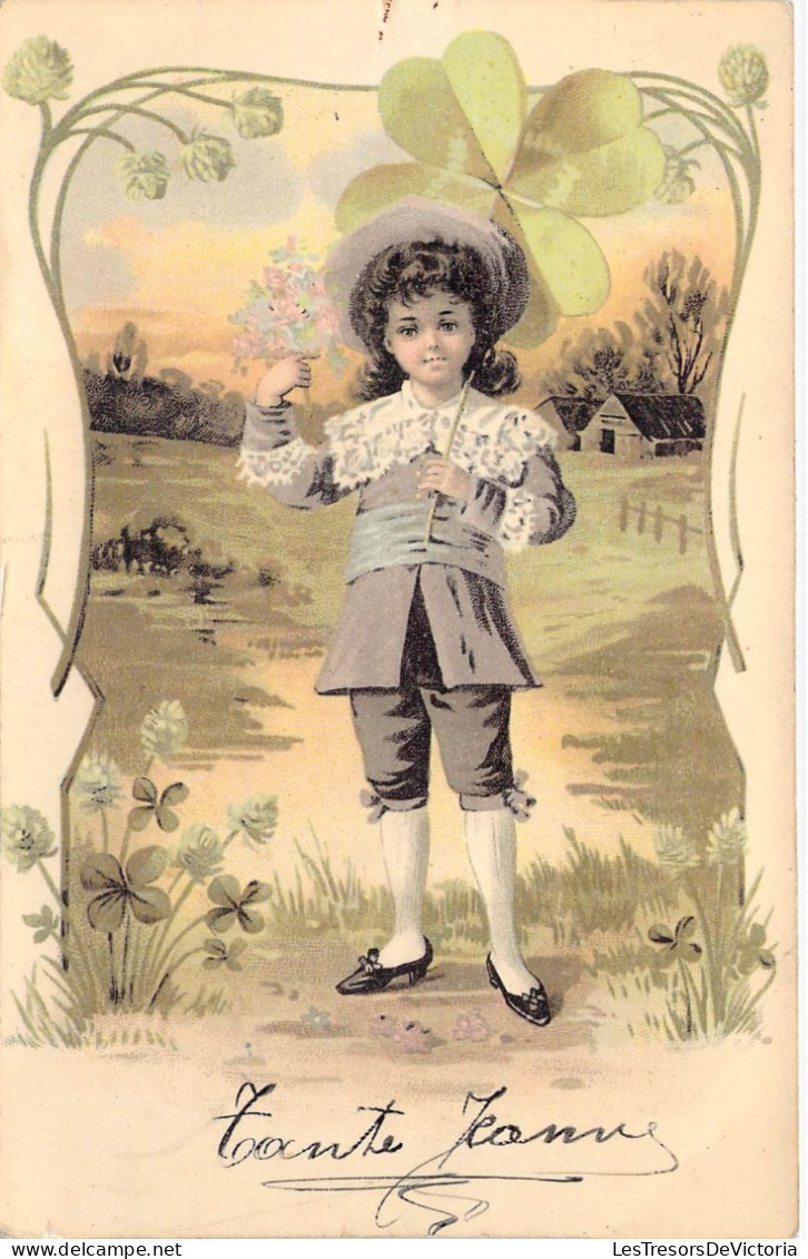 Fantaisies - Petite Fille Au Chapeau Avec Ombrelle Treffle - Fleurs - Colorisé - Carte Postale Ancienne - Altri & Non Classificati