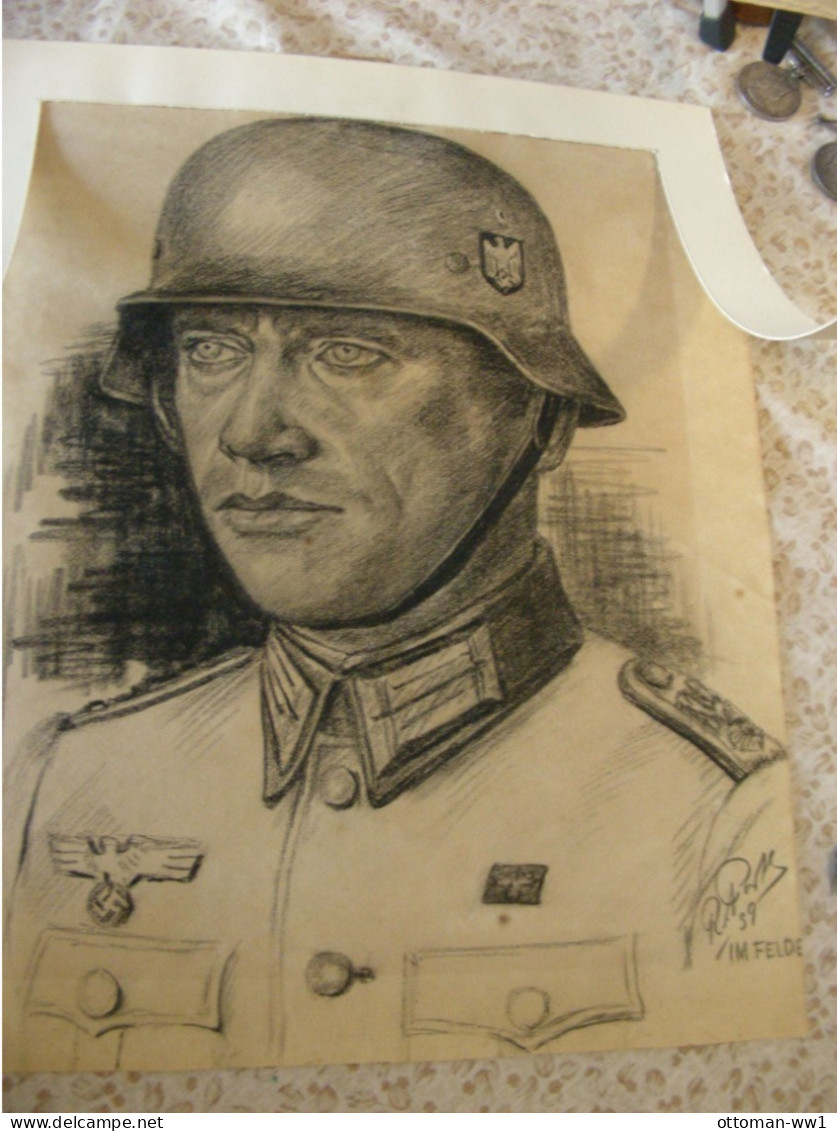 Kunst Bleistiftzeichnung / Pencil Drawings Militär  2.Weltkrieg  WW2 Soldat Uniform  36cm X 44 Cm  1939 - Gouaches