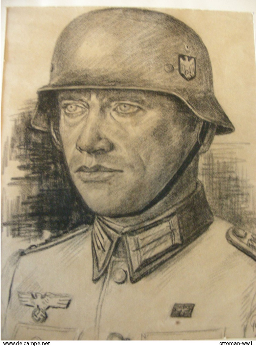 Kunst Bleistiftzeichnung / Pencil Drawings Militär  2.Weltkrieg  WW2 Soldat Uniform  36cm X 44 Cm  1939 - Tempere