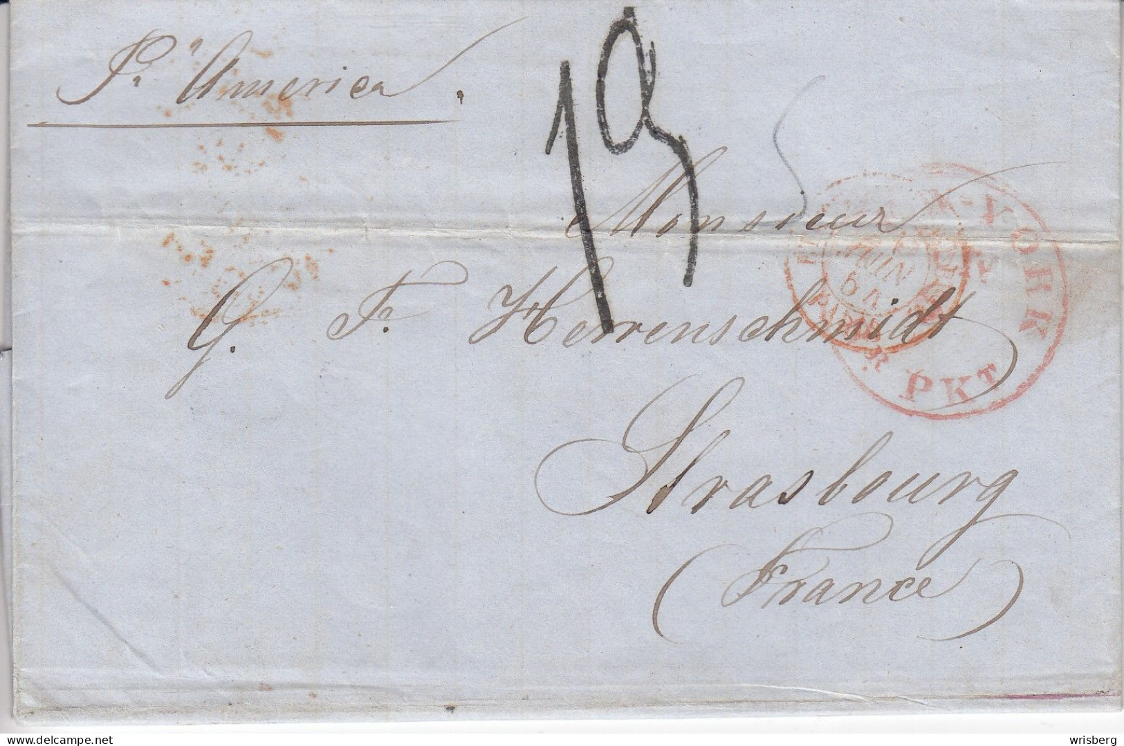 Env.   TAXEE  Obl. NEW-YORK  Du 6.6.1854   Adressée à STRASBOURG - …-1845 Prefilatelia