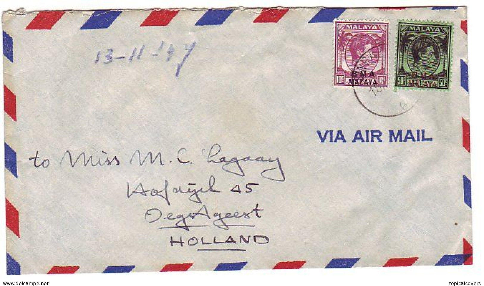 On Board Ms. Ridderkerk - Singapore - Cover B.M.A. Malaya - Oegstgeest The Netherlands 1947 - Malaya (British Military Administration)