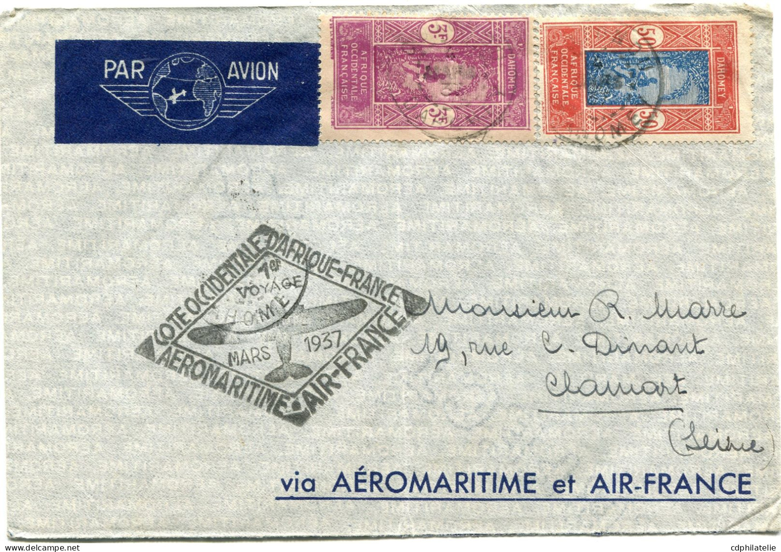 DAHOMEY LETTRE PAR AVION AVEC CACHET ILLUSTRE " 1er VOYAGE MARS 1937 " DEPART COTONOU ?-?-37 DAHOMEY POUR LA FRANCE - Storia Postale