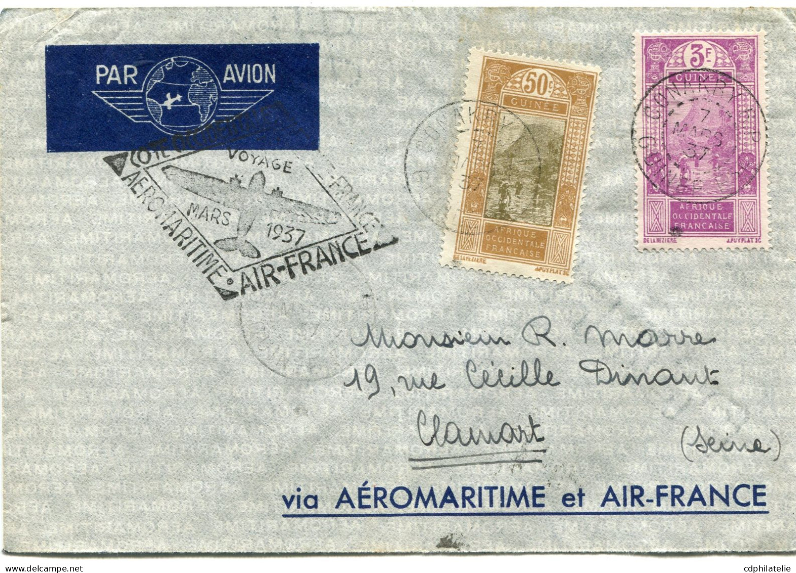 GUINEE LETTRE PAR AVION AVEC CACHET " 1er VOYAGE MARS 1937 " DEPART CONAKRY 7 MARS 37 GUINEE FRANCAISE POUR LA FRANCE - Lettres & Documents