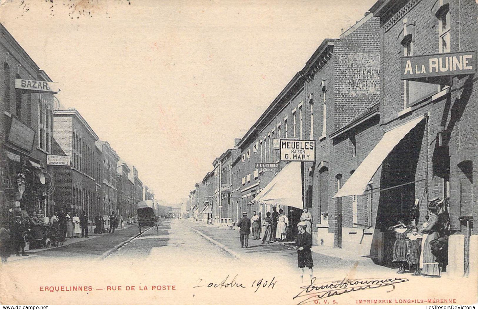 Belgique - Erquelinnes - Rue De La Poste - Imprimerie Longfils Mérenne - Animé - A La Ruine - Carte Postale Ancienne - Erquelinnes