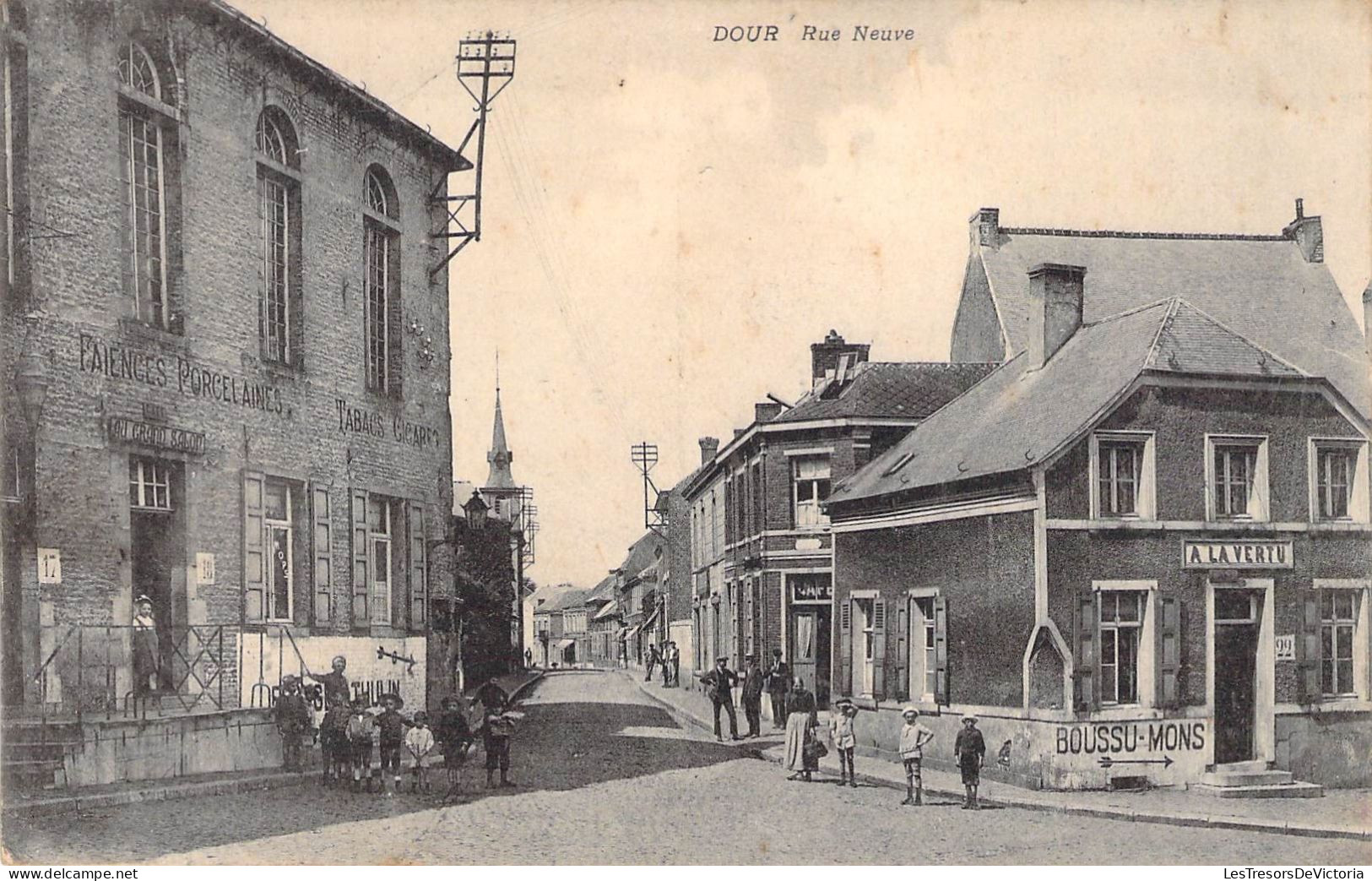 Belgique - Dour - Rue Neuve - Animé - Edit. établissement Vaubert - A La Vertu - Carte Postale Ancienne - Mons