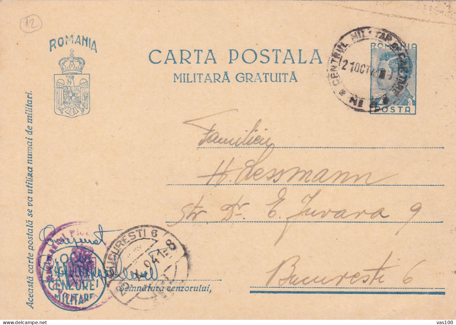 Romania, 1941, WWII Military Censored  CENSOR,Stationery POSTCARD ,OPM #139 Postmark. - 2de Wereldoorlog (Brieven)