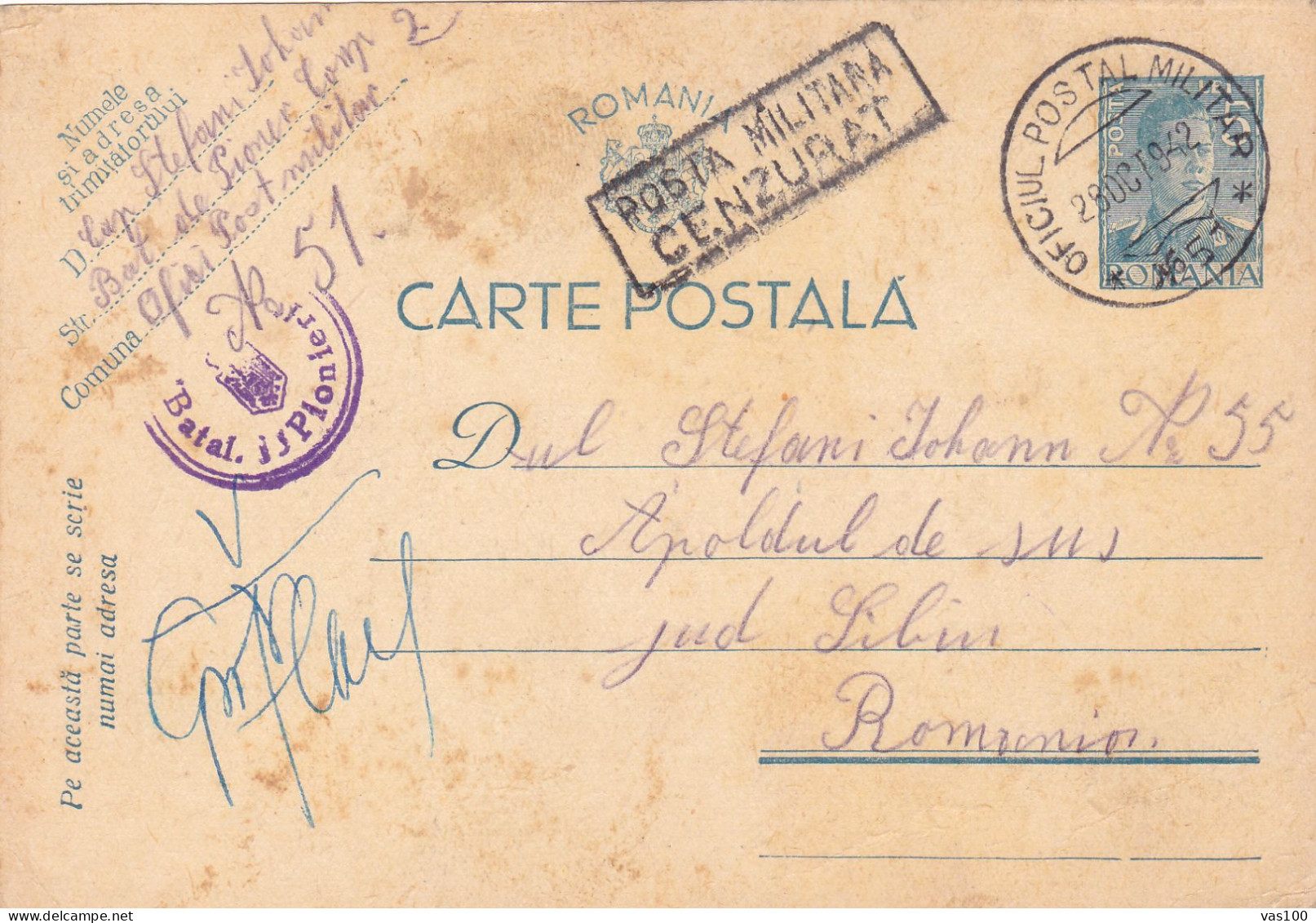 Romania, 1942, WWII Military Censored  CENSOR,Stationery POSTCARD ,OPM #51 Postmark. - 2de Wereldoorlog (Brieven)