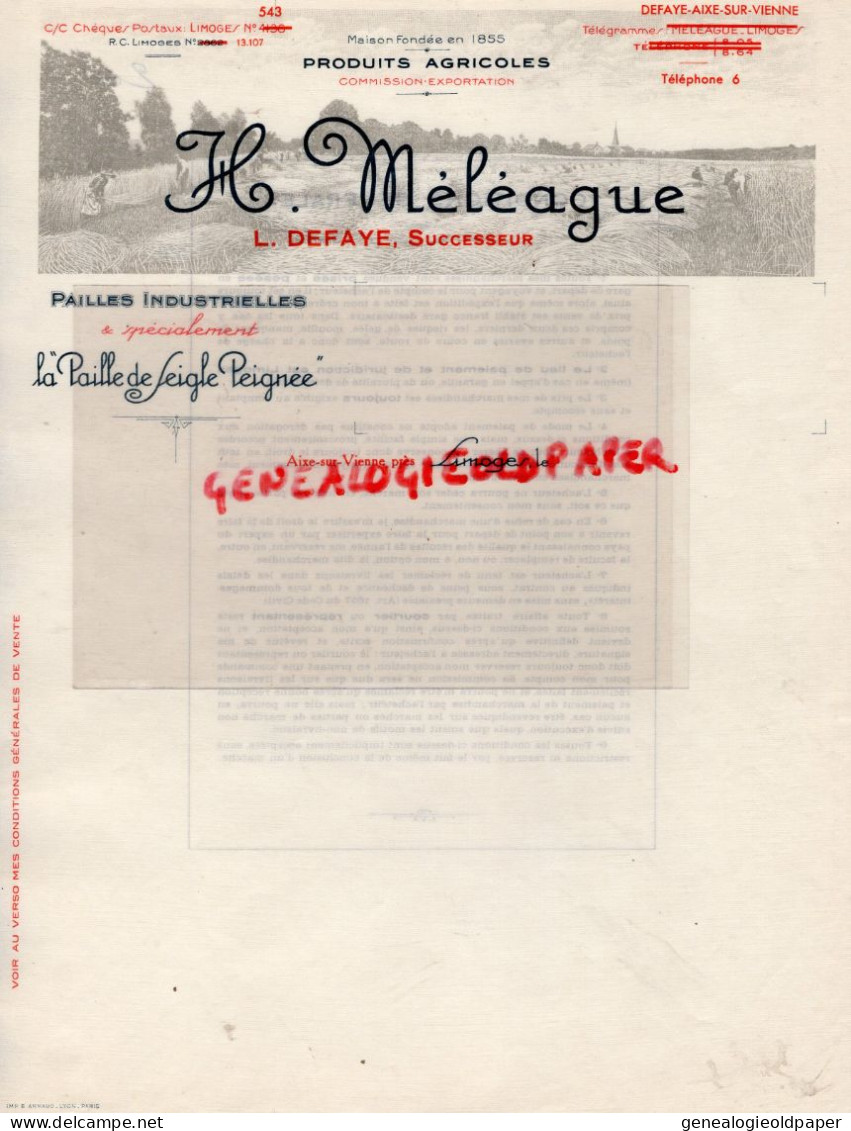 87 - AIXE SUR VIENNE-LIMOGES-  BELLE  FACTURE  H. MELEAGUE -L. DEFAYE- PROSDUITS AGRICOLES - PAILLE DE SEIGLE - Agriculture