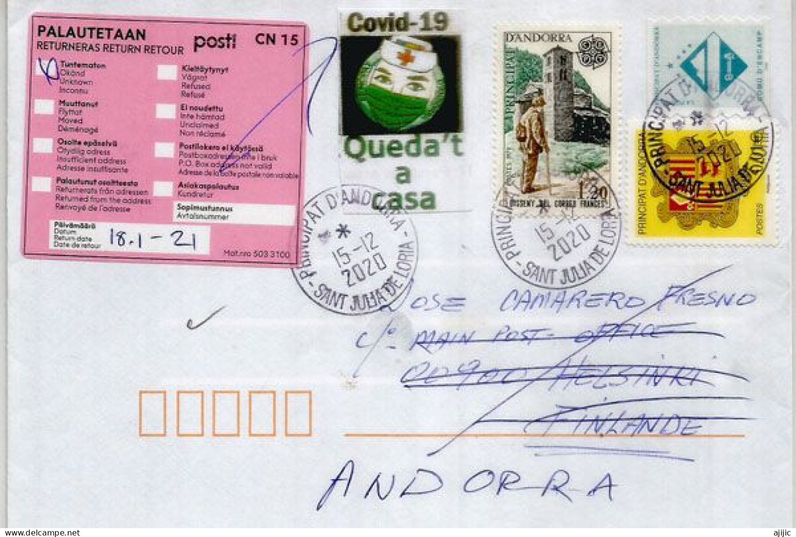 Lettre Andorre Postée Durant Covid-19 (2020) En Finlande, Retour à L'expediteur.  2 Photos Recto-verso - Storia Postale