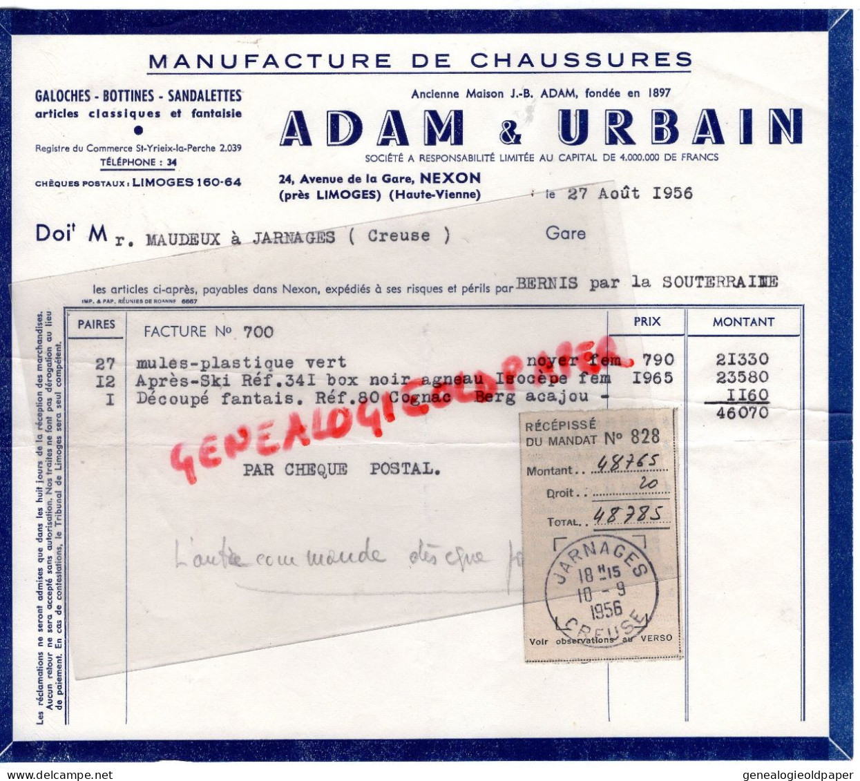 87 - NEXON - FACTURE ADAM & URBAIN- MANUFACTURE CHAUSSURES - 24 AVENUE GARE-BOTTINES GALOCHES-  1956-MAUDEUX JARNAGES - Textile & Vestimentaire