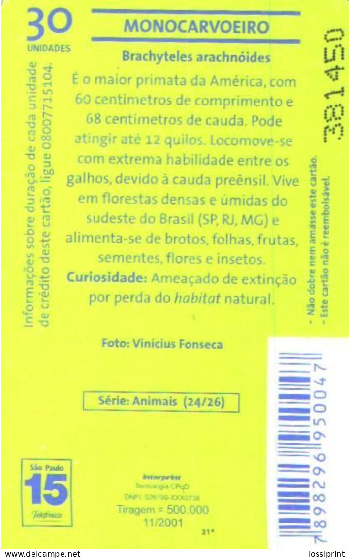 Brazil:Brasil:Used Phonecard, Telefonica, 30 Units, Monkey, 2001 - Brasilien