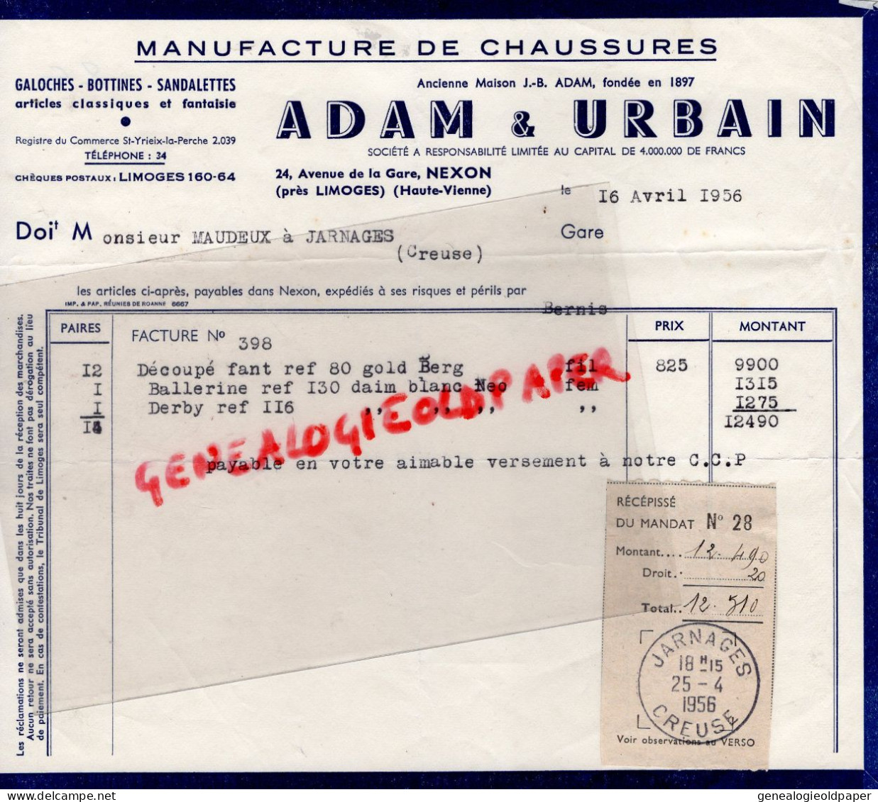 87 - NEXON - FACTURE ADAM & URBAIN- MANUFACTURE CHAUSSURES - 24 AVENUE GARE-BOTTINES GALOCHES-  1956-MAUDEUX JARNAGES - Kleding & Textiel