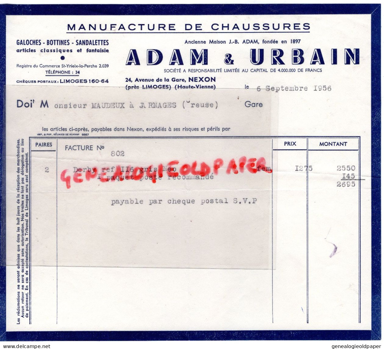 87 - NEXON - FACTURE ADAM & URBAIN- MANUFACTURE CHAUSSURES - 24 AVENUE GARE-BOTTINES GALOCHES-  1956-MAUDEUX JARNAGES - Kleding & Textiel