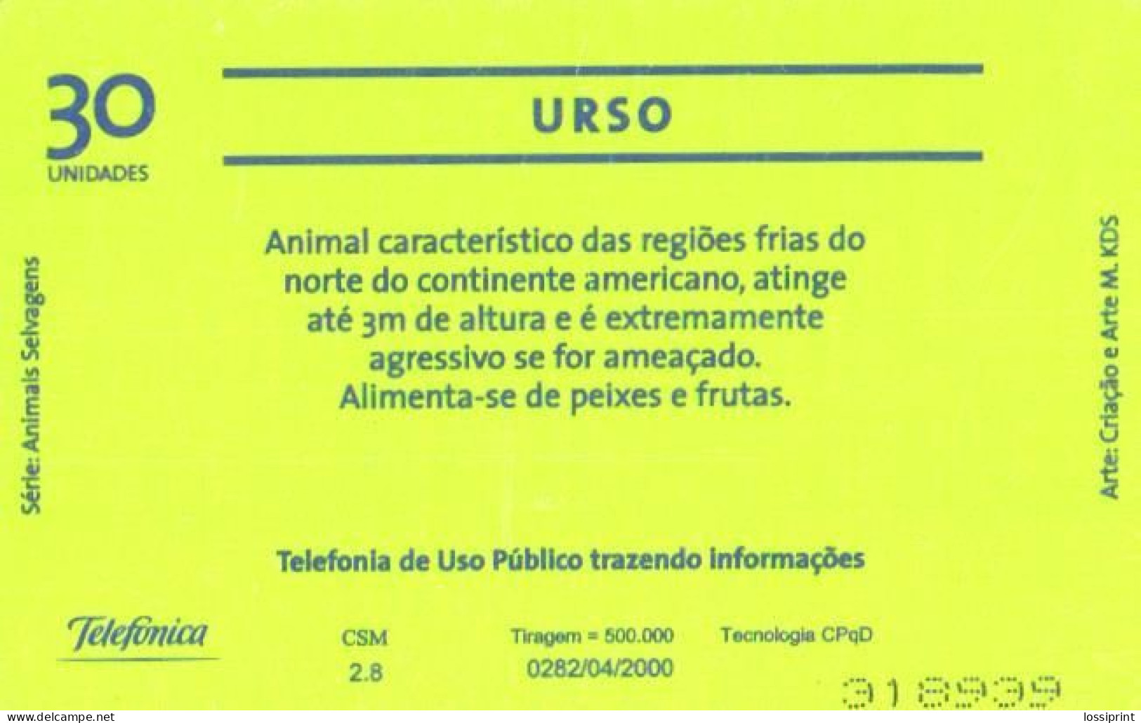 Brazil:Brasil:Used Phonecard, Telefonica, 30 Units, Bears, 2000 - Brasilien