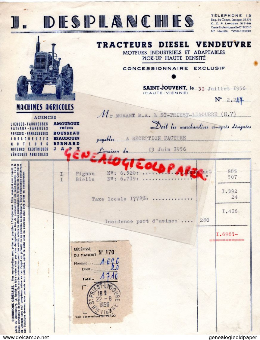 87 - SAINT JOUVENT - ST JOUVENT - RARE FACTURE FORGE MARECHALERIE -FORGERON J. . DESPLANCHES - TRACTEUR VENDEUVRE-1956 - Druck & Papierwaren