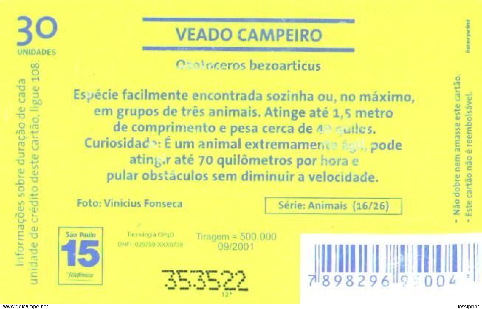 Brazil:Brasil:Used Phonecard, Telefonica, 30 Units, Goat, 2001 - Brasilien