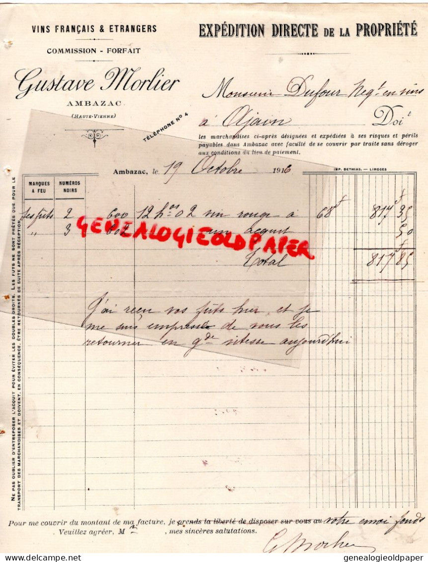 87- AMBAZAC- RARE FACTURE GUSTAVE MORLIER MARCHAND  DE VINS- A DUFOUR NEGOCIANT VINS A AJAIN CREUSE 23-  1916 - Lebensmittel
