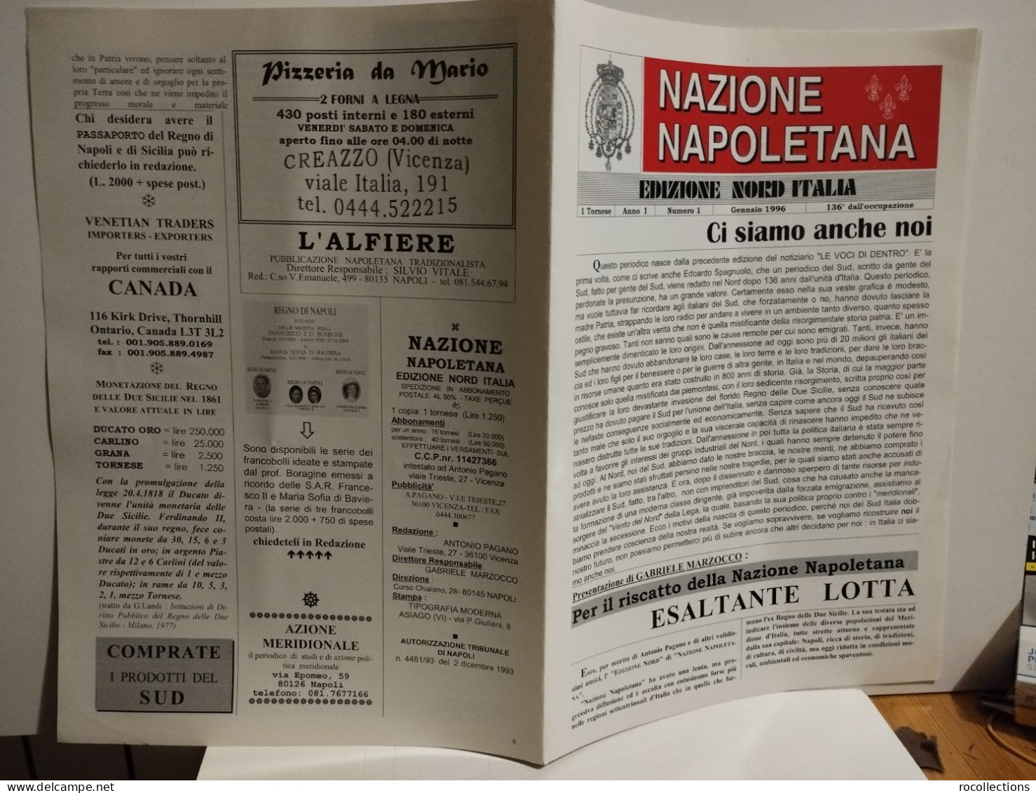 Italia Napoli Giornale NAZIONE NAPOLETANA Edizione Nord Italia. Anno I. N.1 Gennaio 1996 - Prime Edizioni