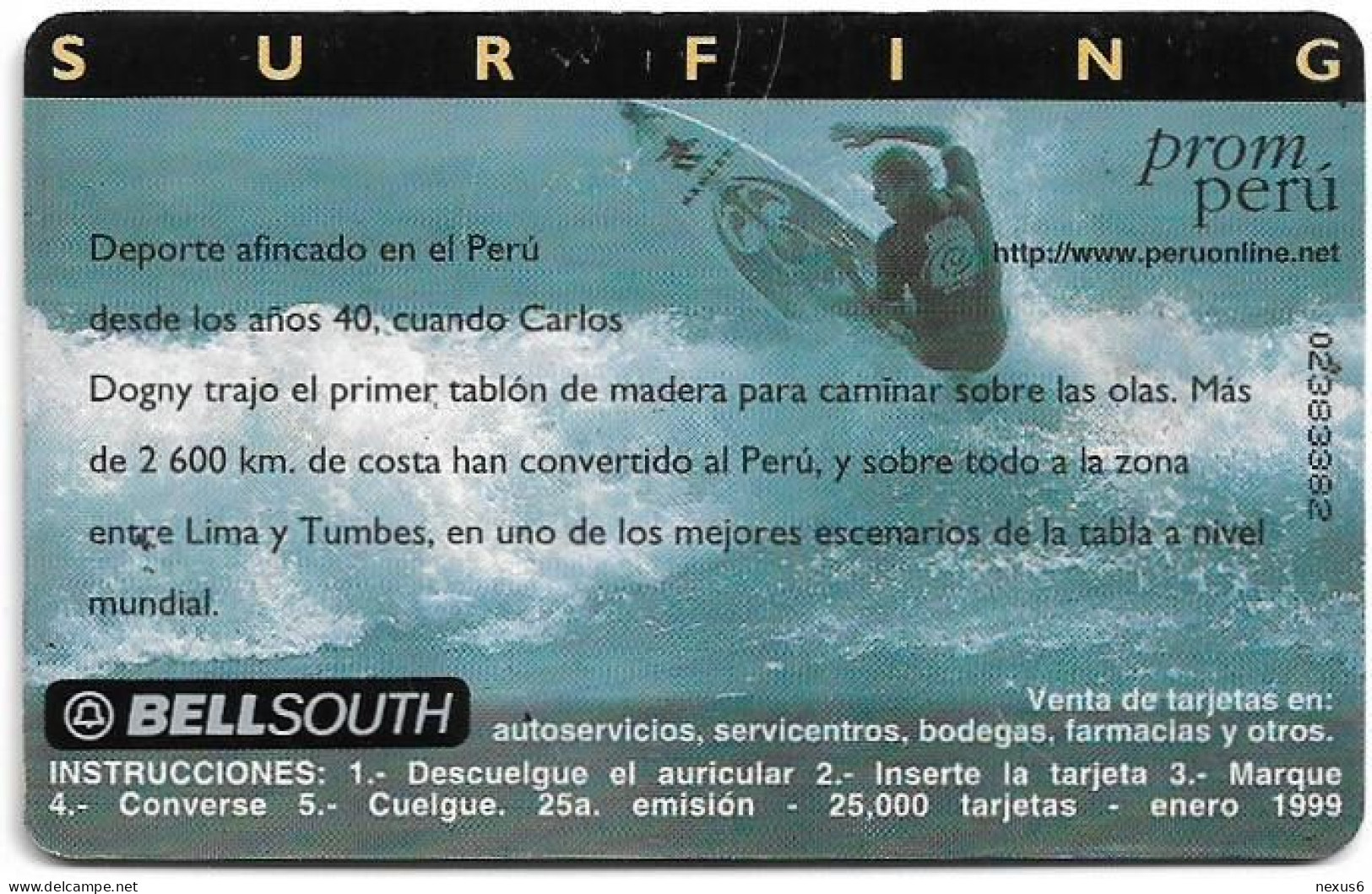 Peru - Bell South - Prom Peru-Surf, Chip Gem5 Red, 5Sol, 01.1999, 25.000ex, Used Rare - Pérou