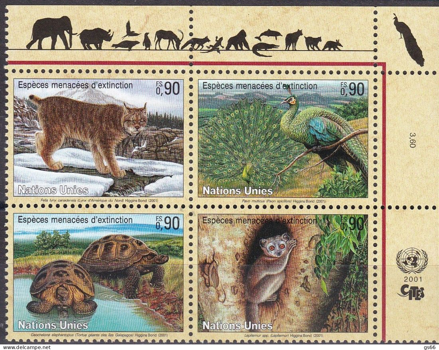 UNO-Genf, 2001, 409/12,  MNH **, Gefährdete Arten (IX): Fauna. - Autres & Non Classés