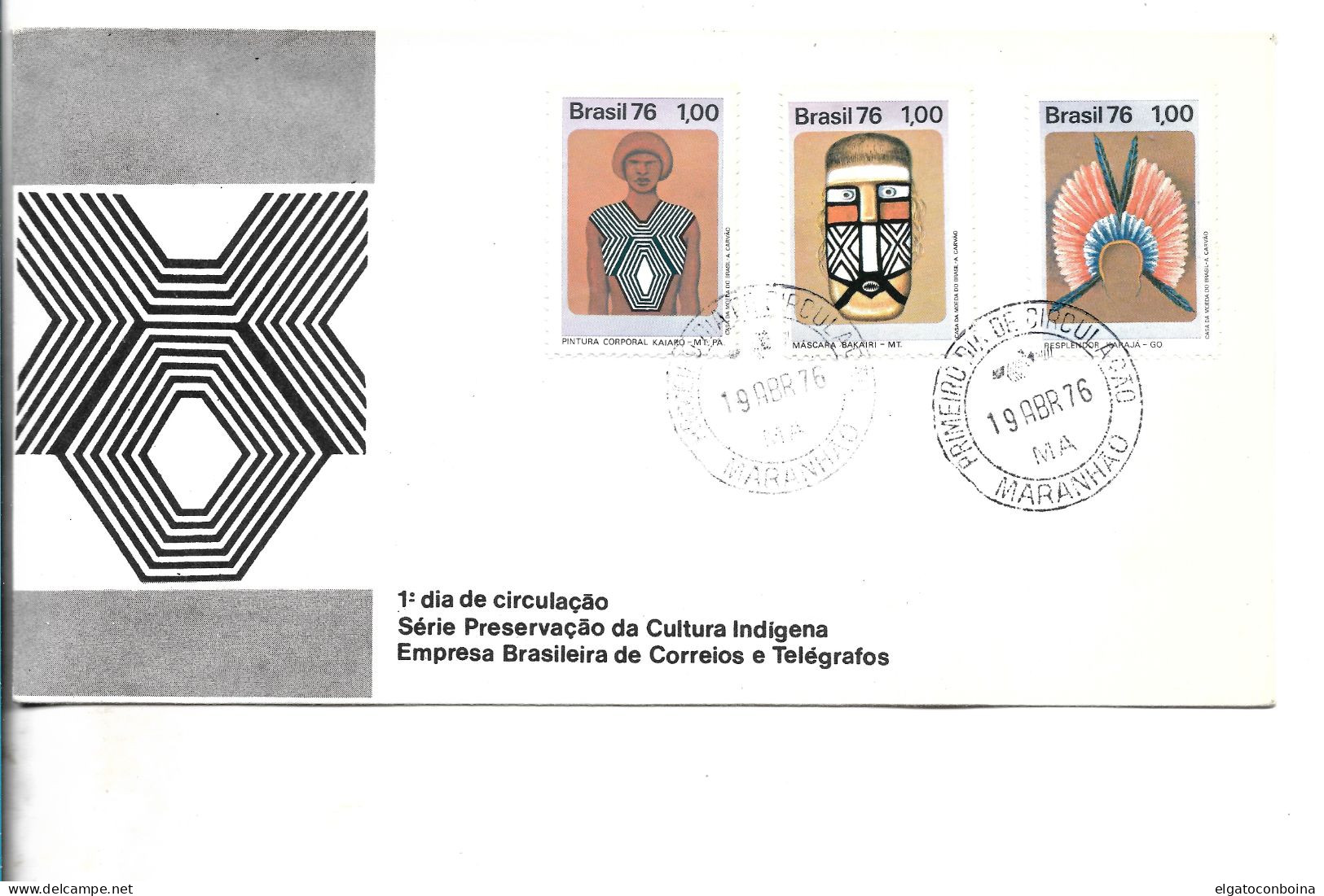 BRAZIL 1976 NATIVE AMERICAN ART & CULTUR SET OF 3 VALUES ON FIRST DAY COVER  FDC - Gebraucht