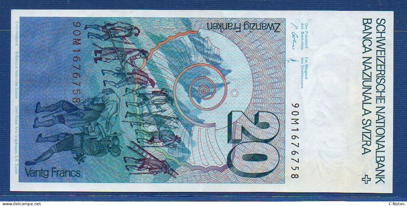 SWITZERLAND - P.55i(3) - 20 Francs 1990 XF+, Serie 90M1676758   -signatures: P. Gerber & Meyer - Switzerland