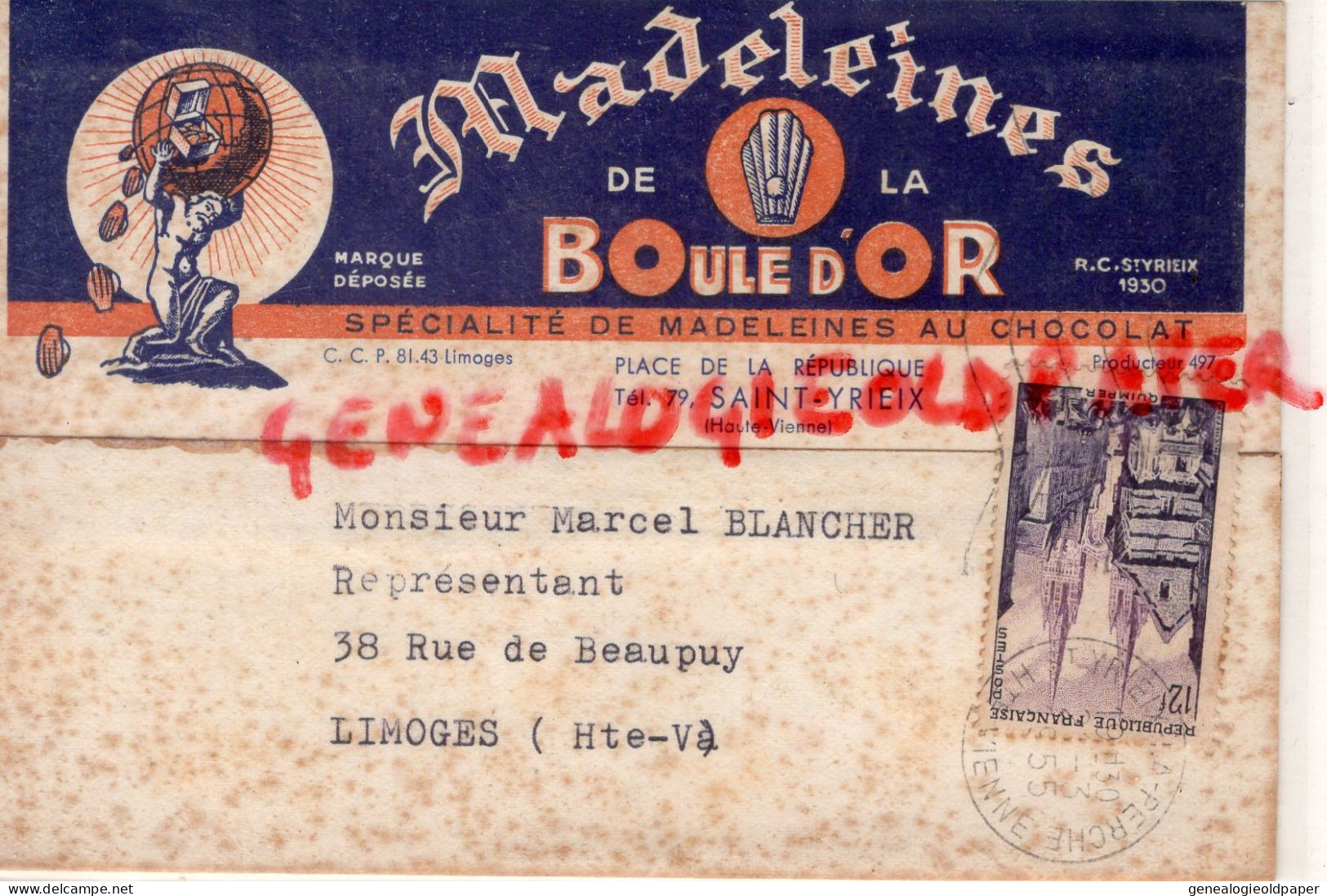 87- ST SAINT YRIEIX LA PERCHE-RARE CARTE LETTRE MADELEINES DE LA BOULE D' OR-MADELEINE AU CHOCOLAT- - Lebensmittel