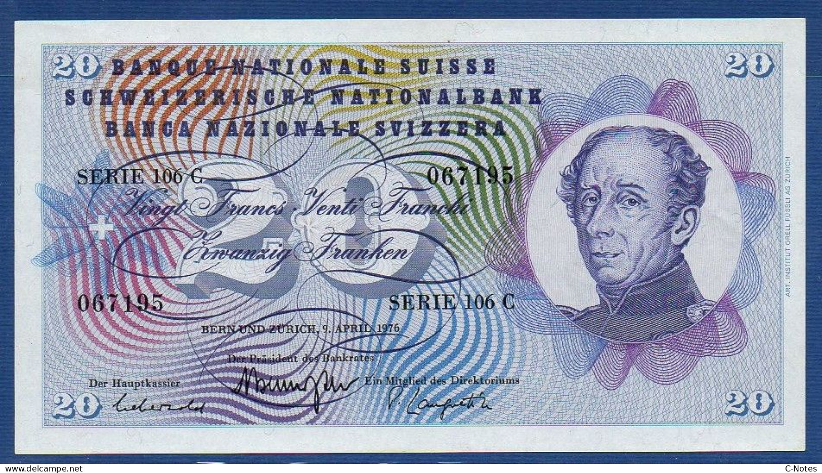 SWITZERLAND - P.46w(3) - 20 Francs 1976 AUNC, Serie 106 C 067195  -signatures: Brenno Galli / P. Languetin / Aebersold - Suisse