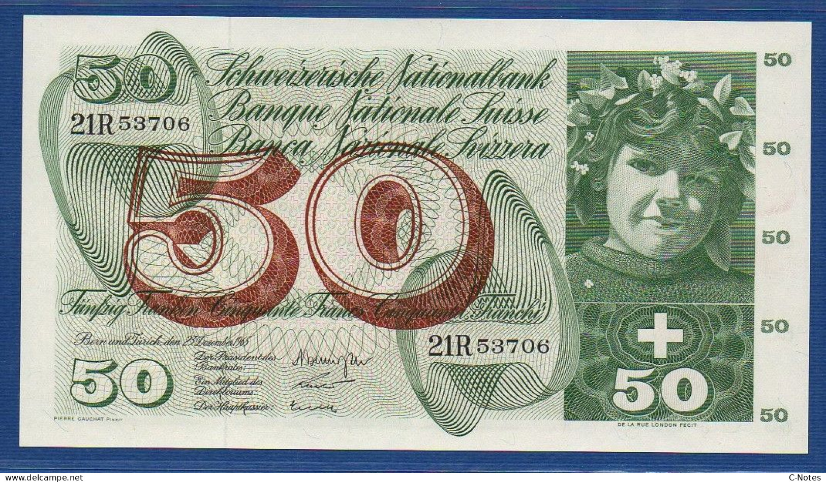 SWITZERLAND - P.48f(2) - 50 Francs 1965 AUNC, Serie 21R 53706  -signatures: Brenno Galli / R. Motta / Kunz - Schweiz