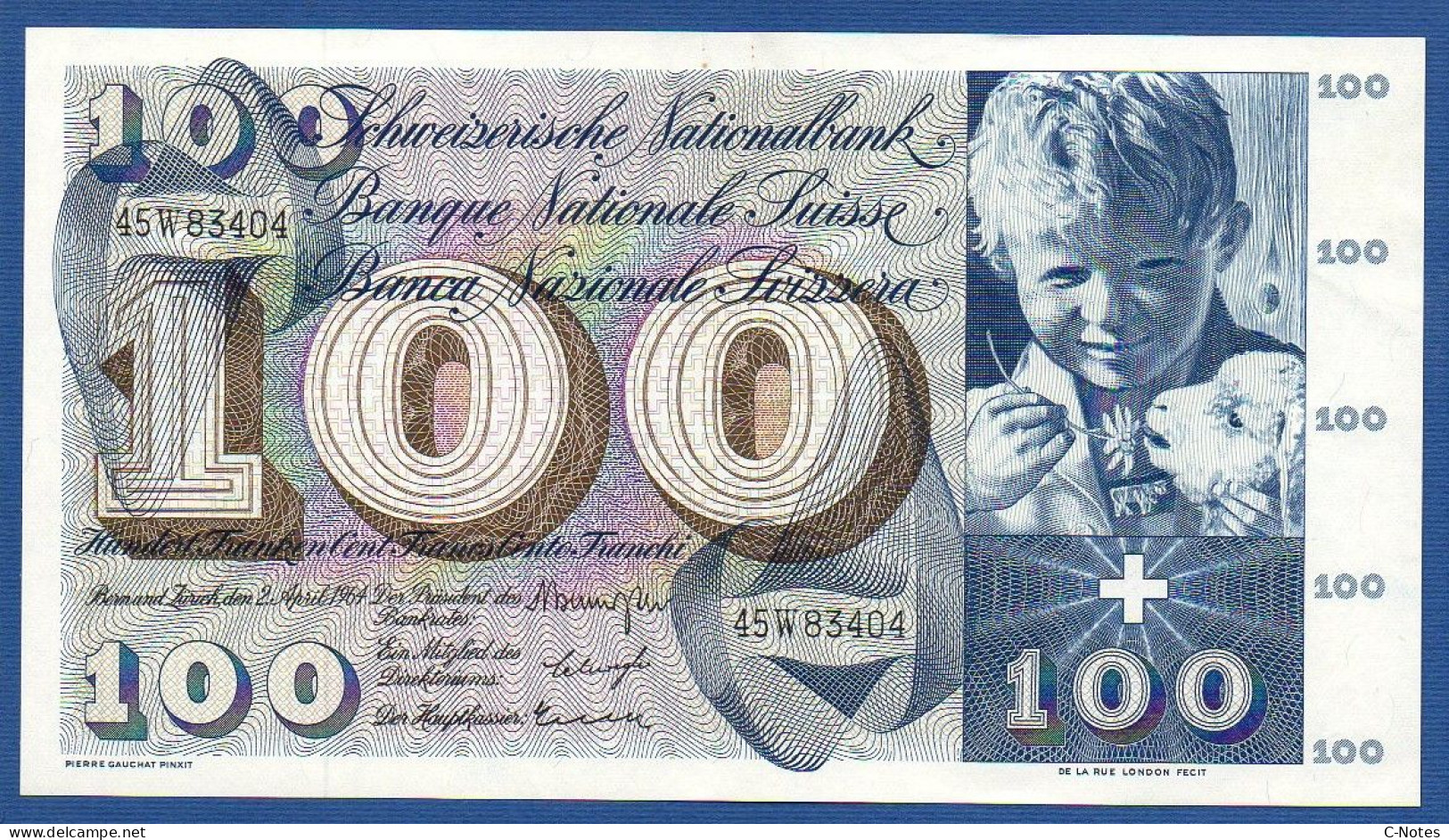 SWITZERLAND - P.49f(1) - 100 Francs 1964 AUNC, Serie 45W83404  -signatures: Brenno Galli / Schwegler / Kunz - Suisse