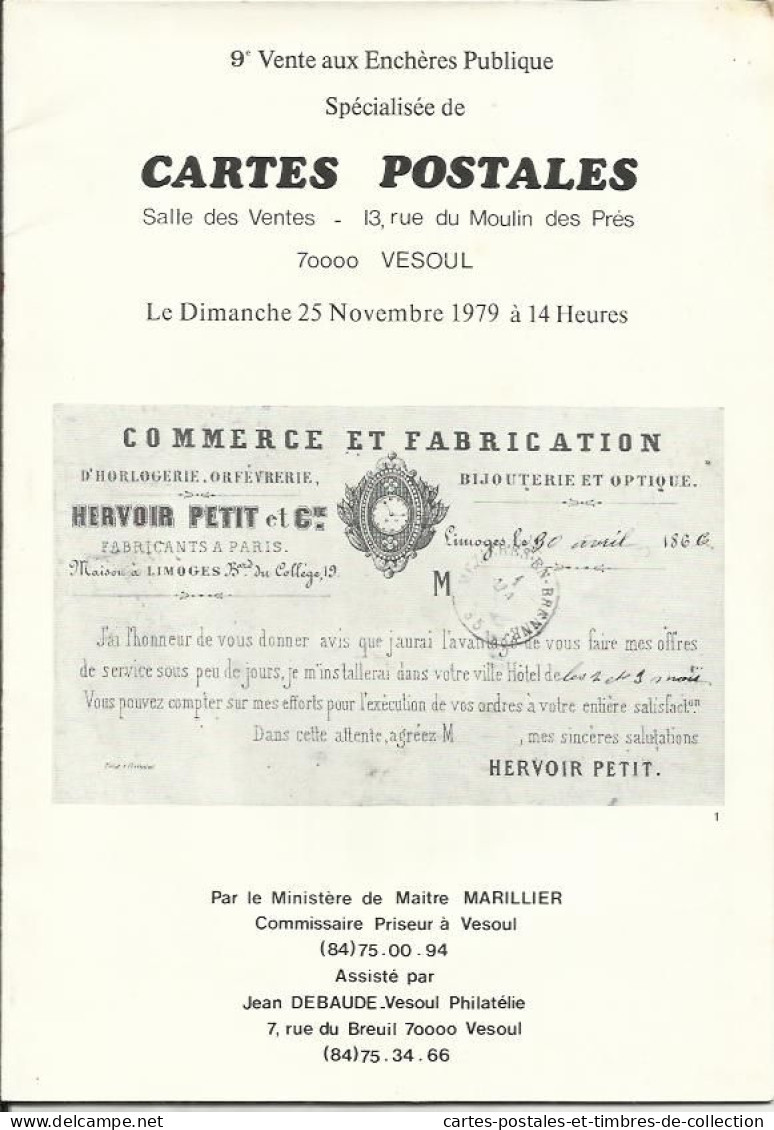 Catalogue De La 9 Vente Aux Enchères Publique à Vesoul , Spécialisée De CARTES POSTALES , Novembre 1979 - Frans