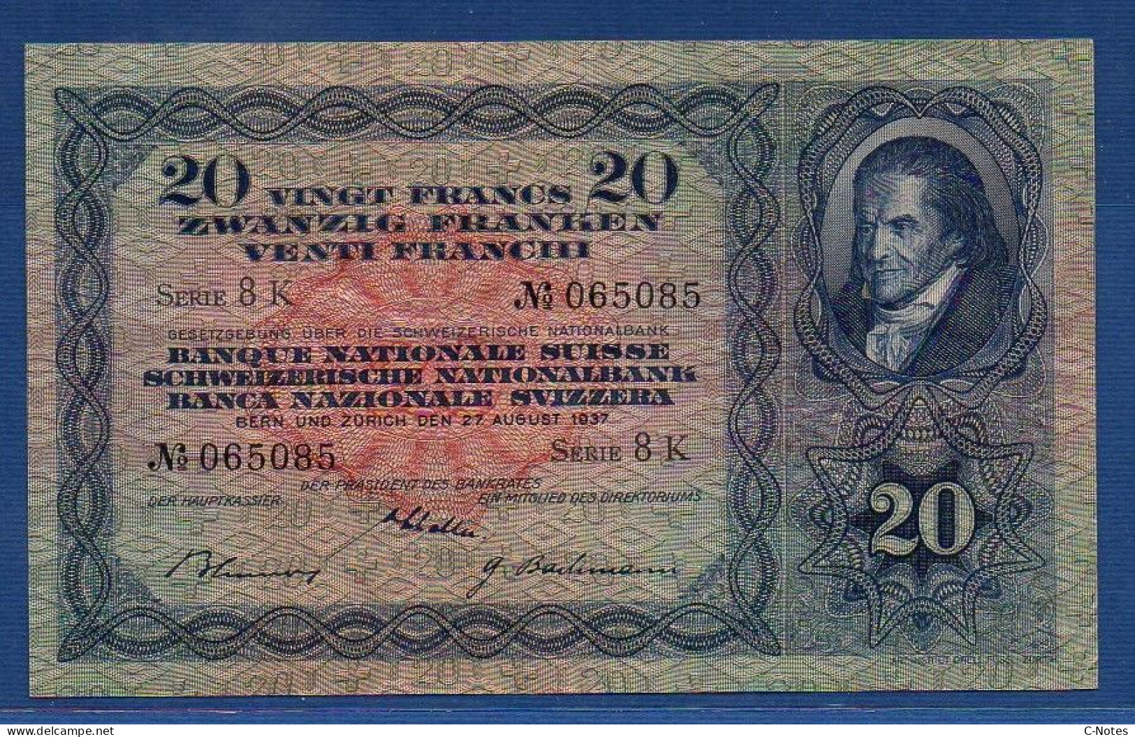 SWITZERLAND - P.39f(1) - 20 Francs 1937 AXF, Serie 8K 065085 - Signatures: Schaller / Bachmann / Blumer - Schweiz