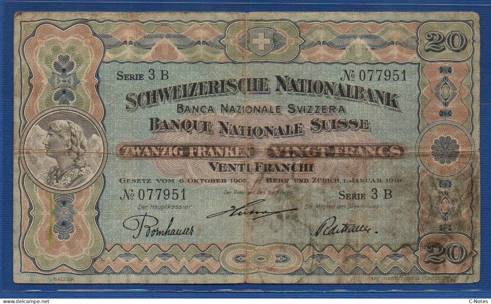 SWITZERLAND - P.12c(1) - 20 Francs 1916 VG/F, Serie 3B 077951 - Signatures: Hirter / De Haller / Bornhauser - Suisse