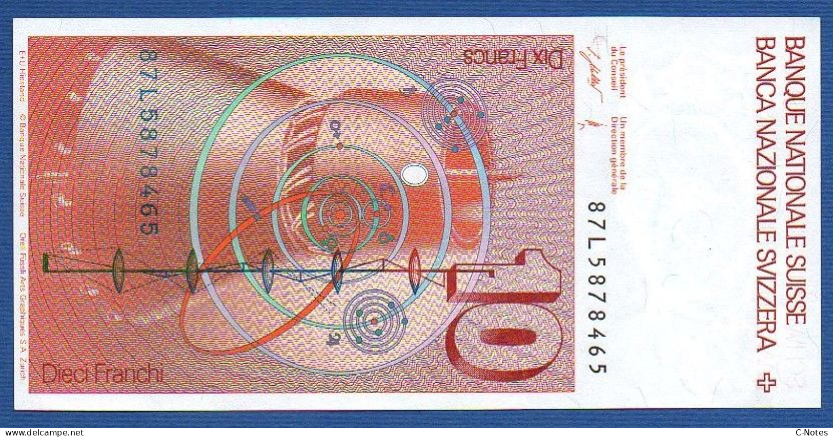 SWITZERLAND - P.53g(3) - 10 Francs 1987 UNC, Serie 87L5878465   -signatures: F. Schaller & Meyer - Suiza