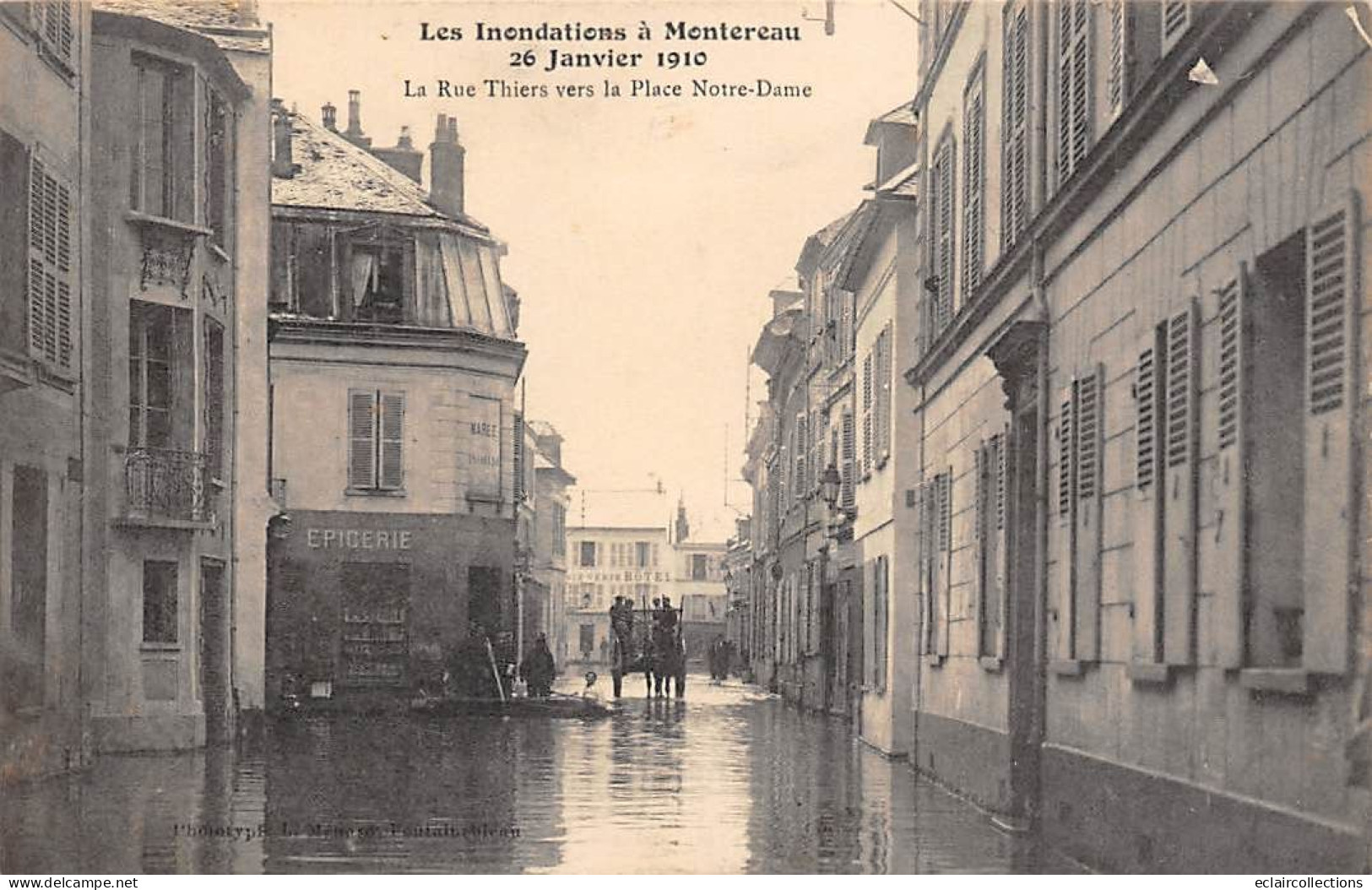 Montereau          77        Inondations  1910  Rue Thiers Vers La Place Notre-Dame      (voir Scan) - Montereau