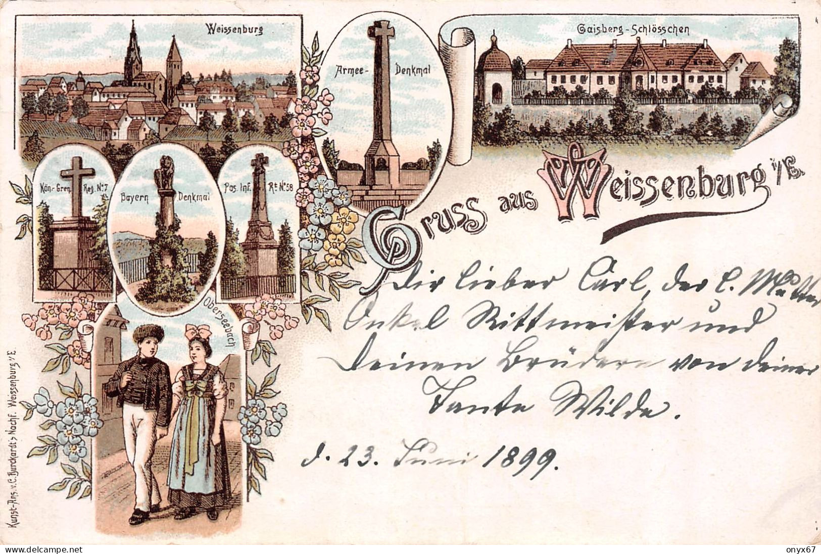 Gruss Aus WEISSENBURG-Wissembourg-67-Bas-Rhin- Oberseebach-Gaisberg-Denkmal - Lithographie Couleur - 1899 - - Wissembourg